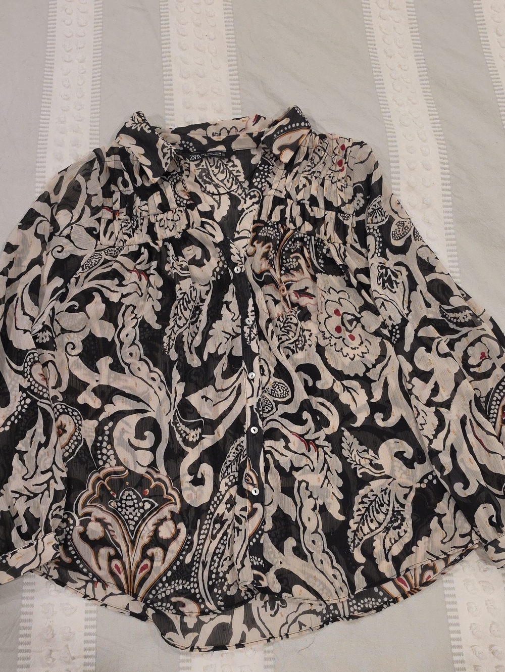 Zara Black and Cream Paisley Button-Up Blouse
